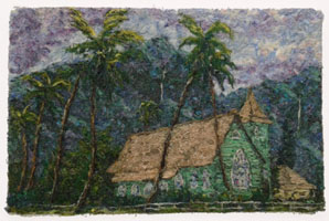 green church, palms and mountains